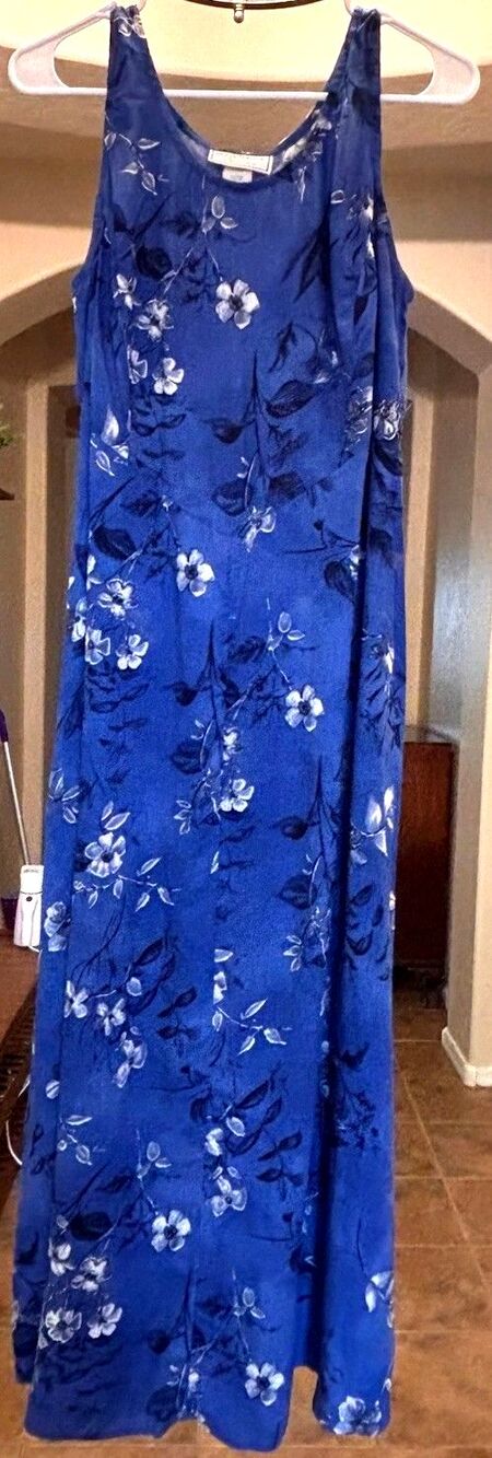 Vintage 90s Molly Malloy Blue Floral Maxi Dress Size 12 Rayon Boho Cottagecore